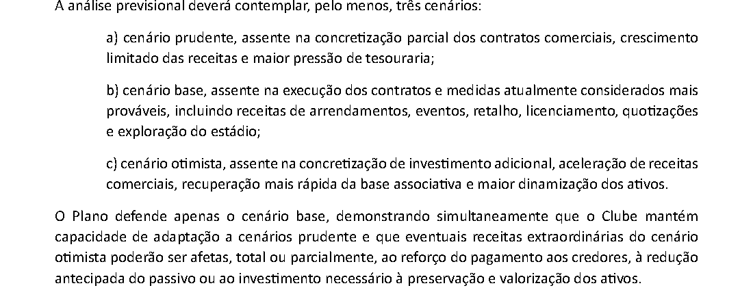 Plano de Recuperação, pág. 26: exige três cenários e assume que "defende apenas o cenário base".