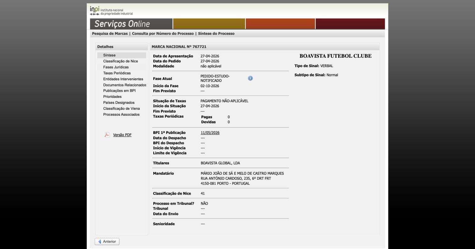 Registo da marca Boavista Futebol Clube no INPI (processo 767721, classe 41). Titular: Boavista Global, Lda.