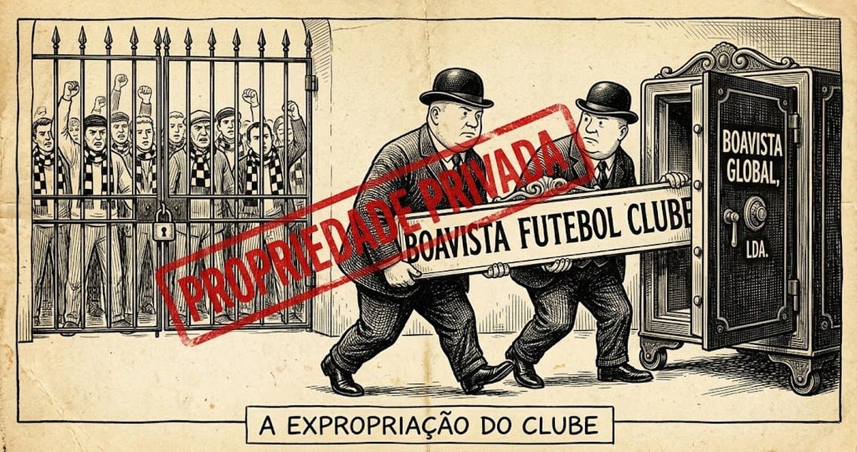 Cartoon: dois dirigentes metem a placa Boavista Futebol Clube num cofre da Boavista Global, Lda.