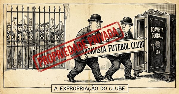 Cartoon: dois dirigentes metem a placa Boavista Futebol Clube num cofre da Boavista Global, Lda.